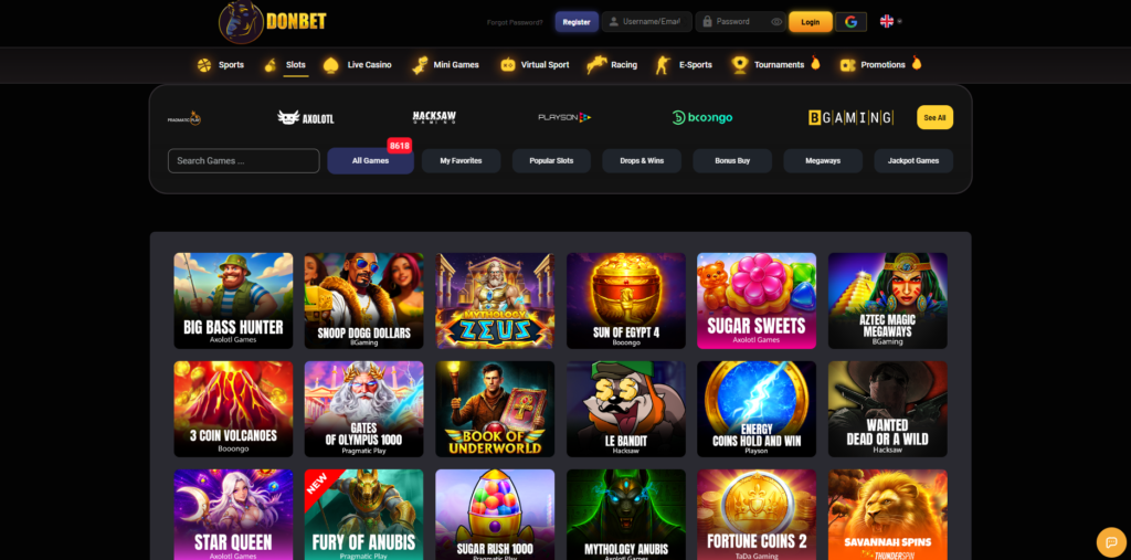 DonBet casino and sportsbook interface with crypto deposit options visible