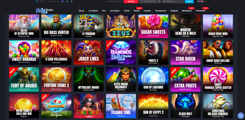 MyStake casino showing game library, sportsbook and crypto cashier options