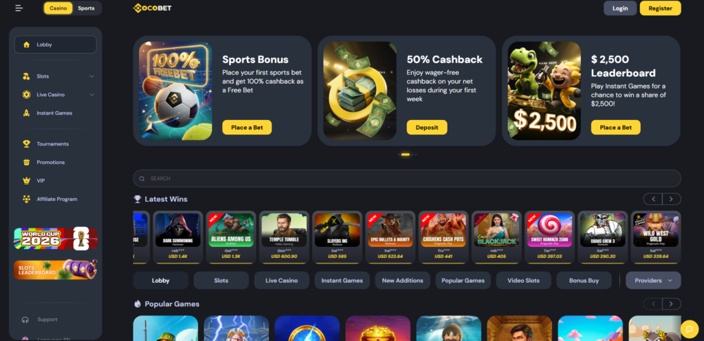 CocoBet casino interface displaying crypto payment options and game library